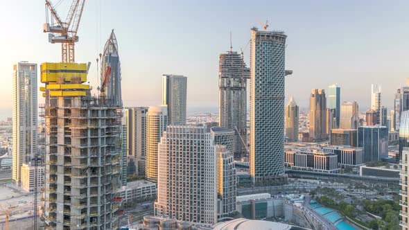Dubai Downtown in the Evening Timelapse in Bright Yellow Sunset Light alt