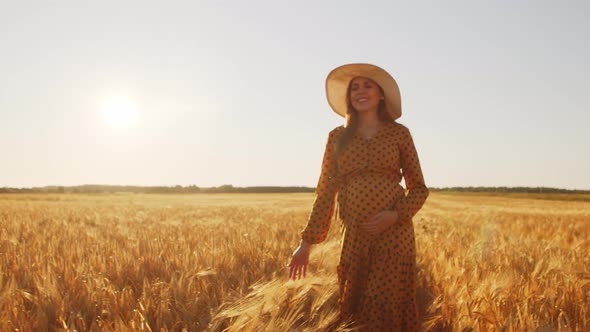 Pregnant woman in the rays of the sunset in the field alt
