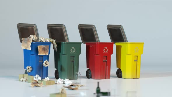 Timelapse with all kind of garbage approaching to colorful, plastic trash bins. alt