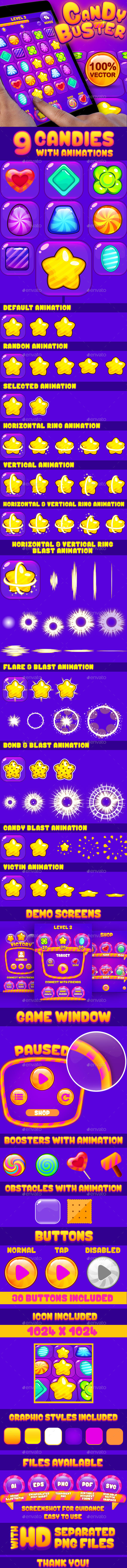 Candy Buster: Match-3 Puzzle Game UI Pack - Game Kits Game Assets