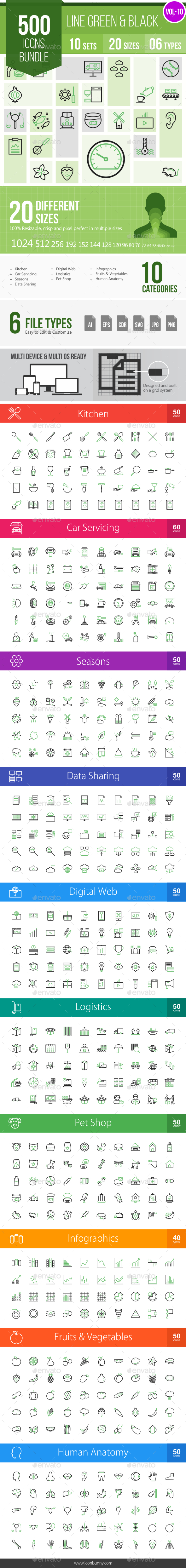 500 Vector Line Green & Black Icons Bundle (Vol-10) - Icons