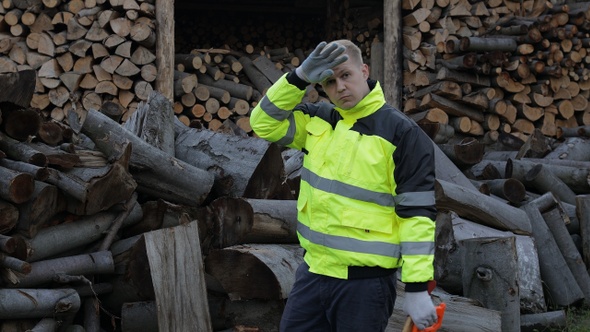 Exhausted From Work Lumberjack, Man Woodcutter. Sawn Logs, Firewood Background, Wood Harvesting alt