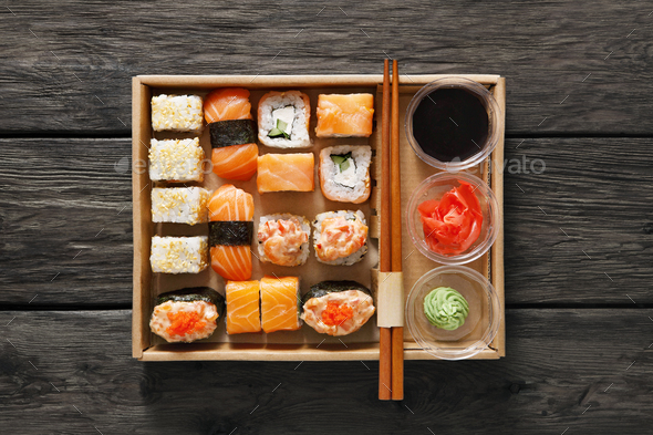Sushi Roll Set Plate Soy Sauce Dark Wooden Background Stock Photo
