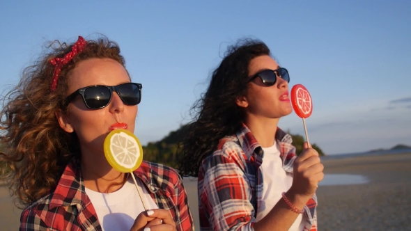 Happy Lifestyle Girls On Beach At Sunset