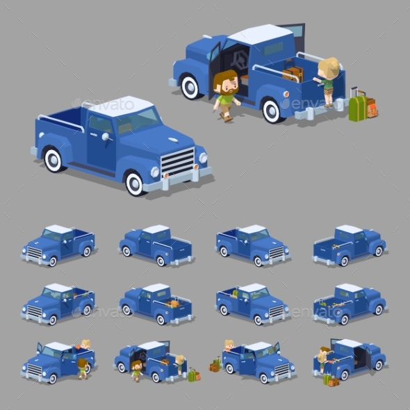 Low Poly Blue Retro Pickup - Man-made Objects Objects