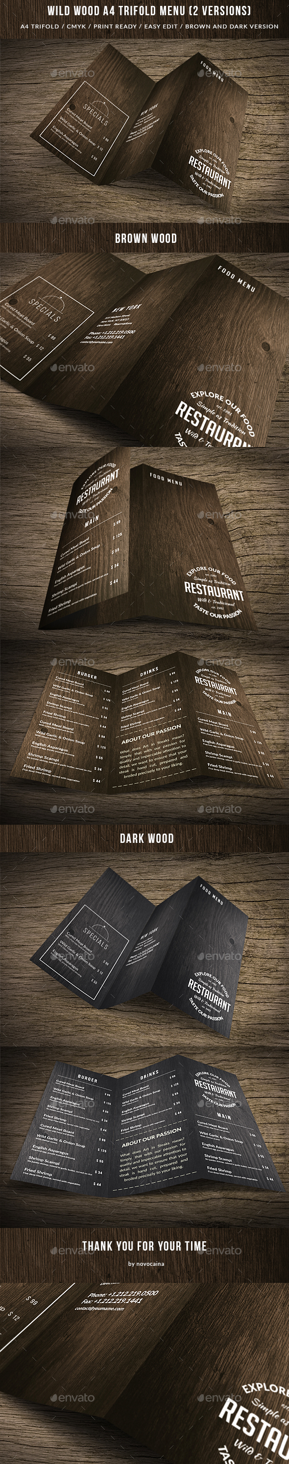 Wild Wood A4 TriFold Menu - 2 Versions - Food Menus Print Templates