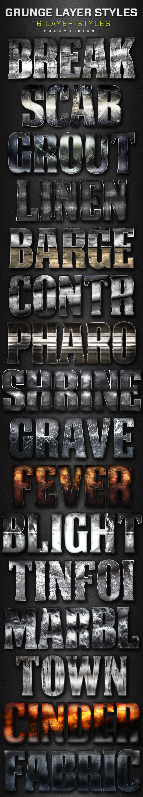 16 Grunge Layer Styles Volume 8 - Text Effects Styles