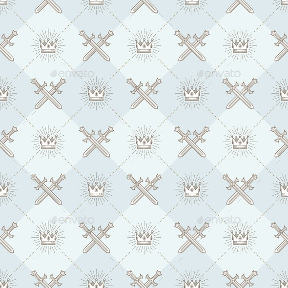 Seamless Background with Crossed Swords and Sunburst Royal Crown - Backgrounds Decorative