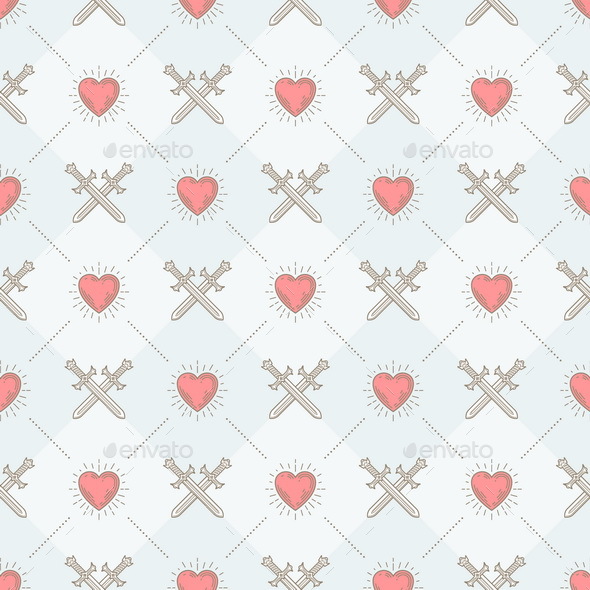 Seamless Background with Crossed Swords and Sunburst Heart - Backgrounds Decorative