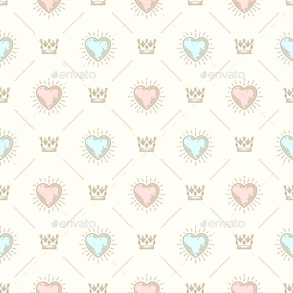 Seamless Background with Royal Crown and Sunburst Heart - Backgrounds Decorative