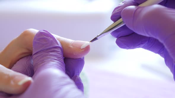 French manicure profesional painting done in salon 4K 2160p 30fps UltraHD footage - Applying white p alt