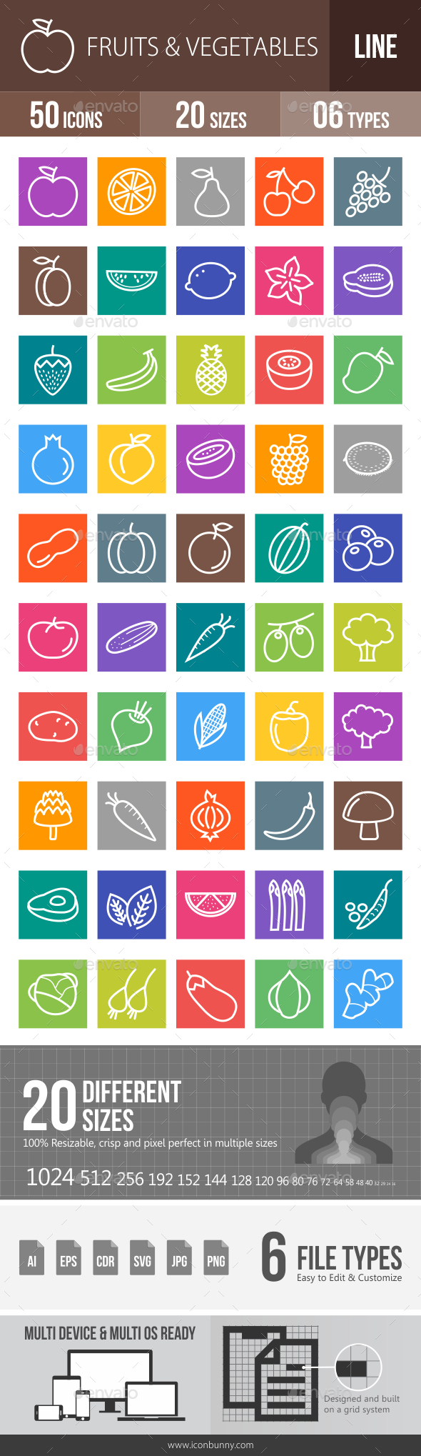 Fruits & Vegetables Line Multicolor Icons - Icons