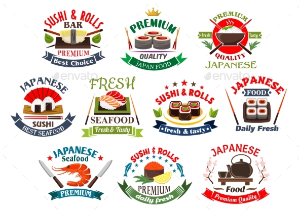 Japanese Restaurant and Sushi Bar Icons - Food Objects