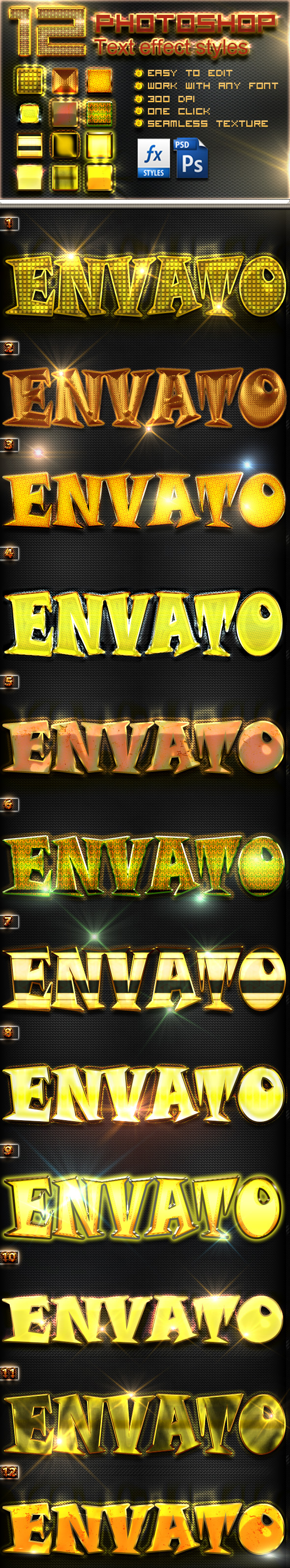 12 Photoshop Gold Text Effect Styles Vol 18 - Text Effects Styles