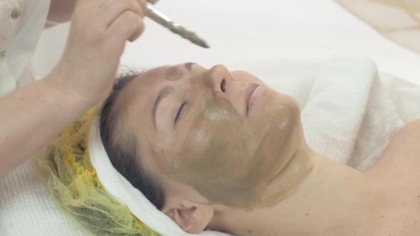 Cosmetologist Put Mask From Green Clay On Woman Face By Brush In Beauty Saloon alt