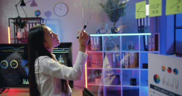 Asian Woman which Writing Important Details on Glass Wall in Modern Evening Workroom alt