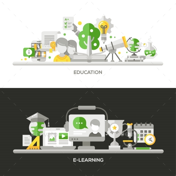 Online Education, E-Learning Concept Compositions - Web Elements Vectors