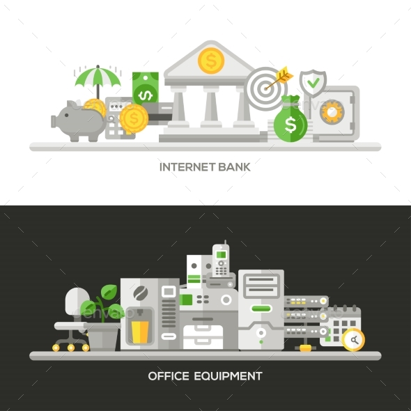 Internet Bank, Office Equipment Flat Design - Concepts Business