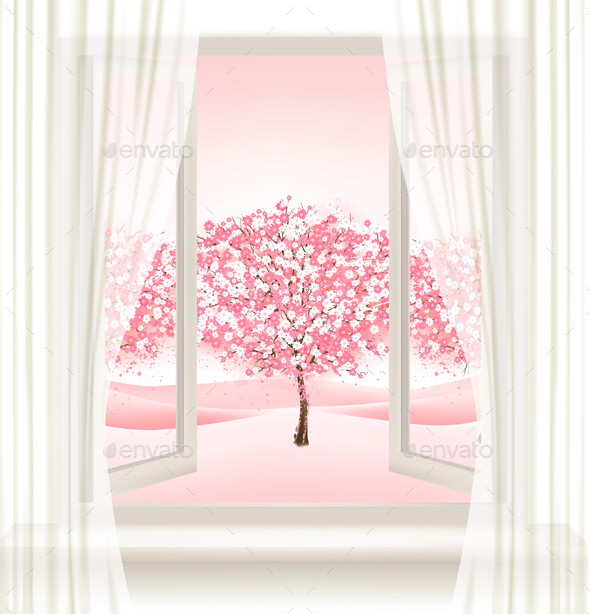 Pink Cherry Blossom Tree View from a Window - Landscapes Nature