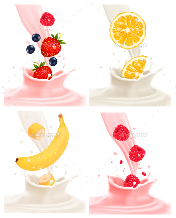 Four Different Labels with Fruit Falling into Milk - Food Objects