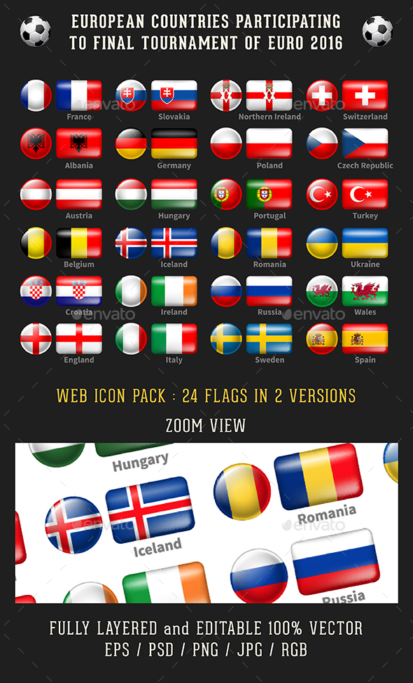2016 Euro Cup - Flags of Participants Countries - Icons
