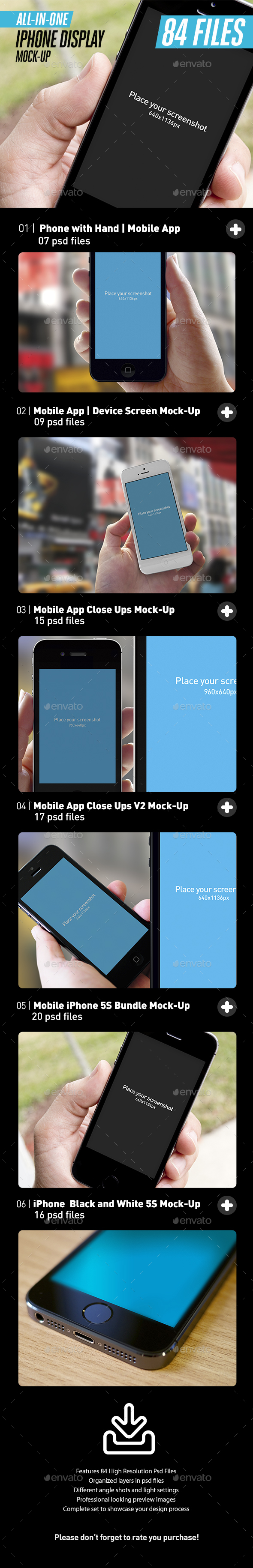 All-in-One Phone with Hand | Close-Up Mobile App Mock-Up Bundle - Mobile Displays