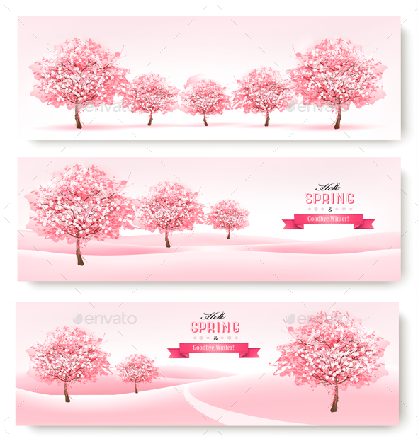 Three Spring Banners with Pink Cherry Blossom - Landscapes Nature