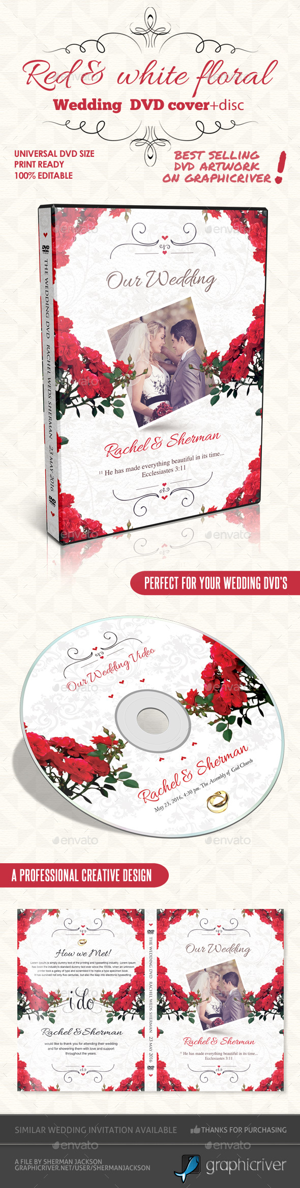 Red & White Floral Wedding DVD - CD & DVD Artwork Print Templates