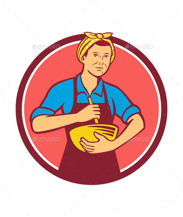 Housewife Cooking in Bandana Holding Mixing Bowl - People Characters