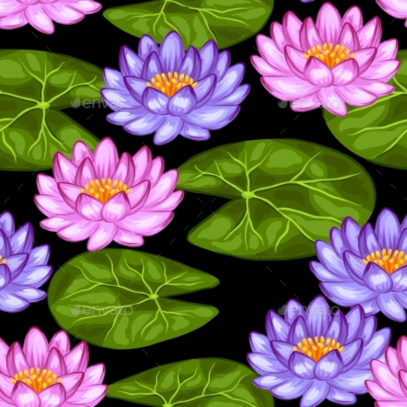 Natural Seamless Pattern with Lotus Flowers - Flowers & Plants Nature