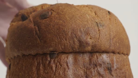 Cutting Italian holiday cake  with knife  close-up 4K footage alt