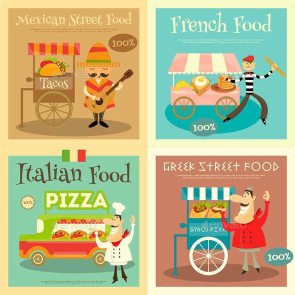Street Food Festival Posters Set - Food Objects