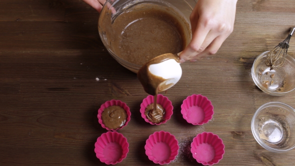 Cooking Muffins Adding And Mixing Chocolate, Cocoa