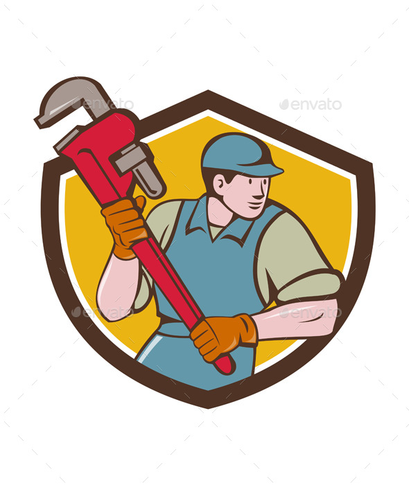 Plumber Running Monkey Wrench Crest Cartoon - People Characters