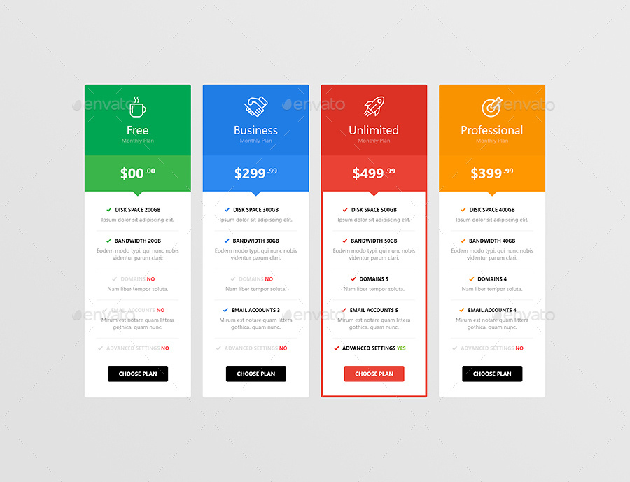 4 Pricing Tables, Web Elements | GraphicRiver