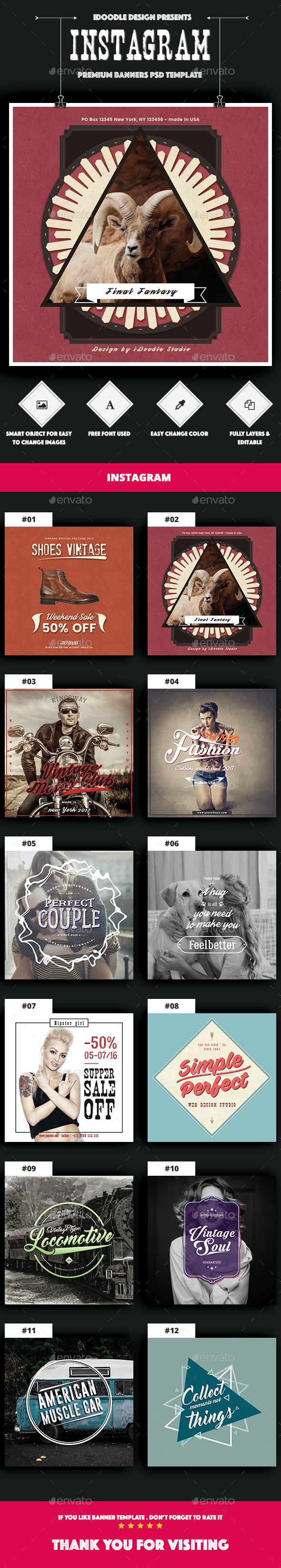 Vintage Instagram Banners Ad - 12 PSD - Miscellaneous Social Media