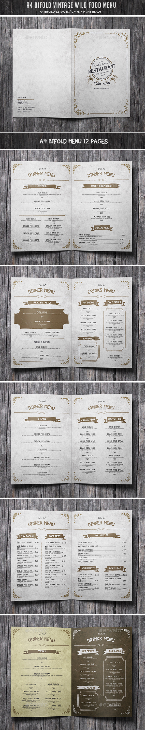A4 Bifold Vintage Wild Food Menu - Food Menus Print Templates