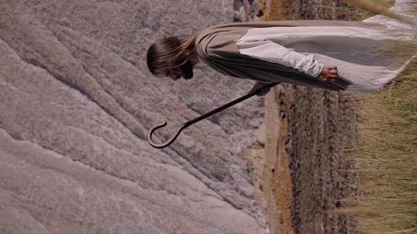 Jesus with Staff Walks on the Grass Against the Background of the Year alt