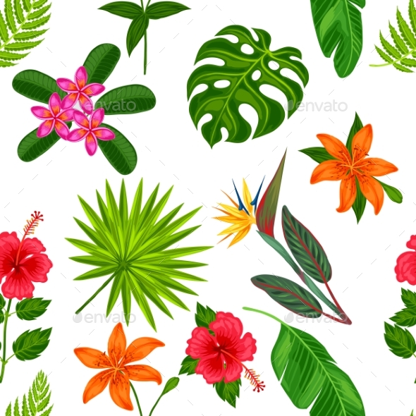 Seamless Pattern With Tropical Plants - Flowers & Plants Nature