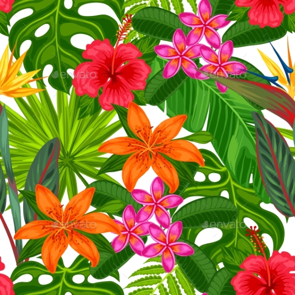 Seamless Pattern With Tropical Plants - Flowers & Plants Nature