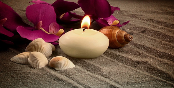 Candle & Seashells & Pink Orchid on the Sand