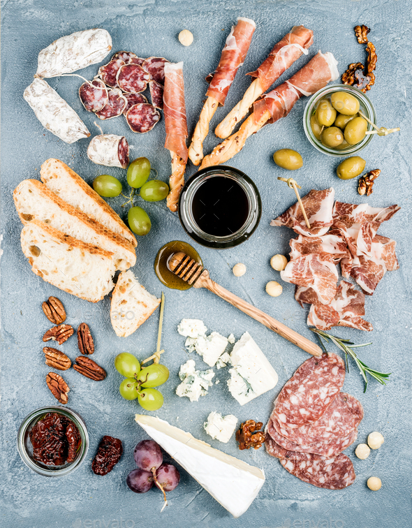 Cheese and meat appetizer selection or wine snack set - Stock Photo - Images