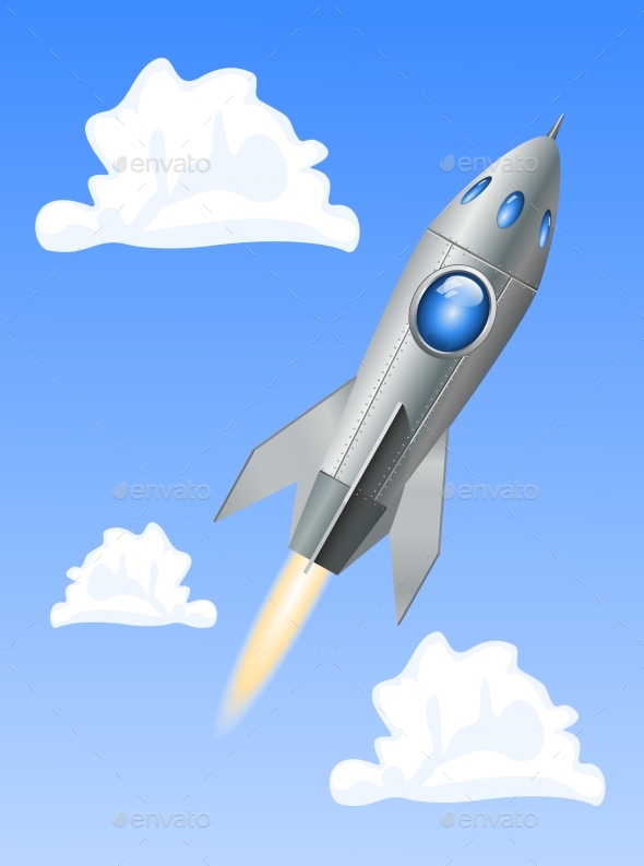 Rocket Space Ship on Blue Sky Background - Travel Conceptual