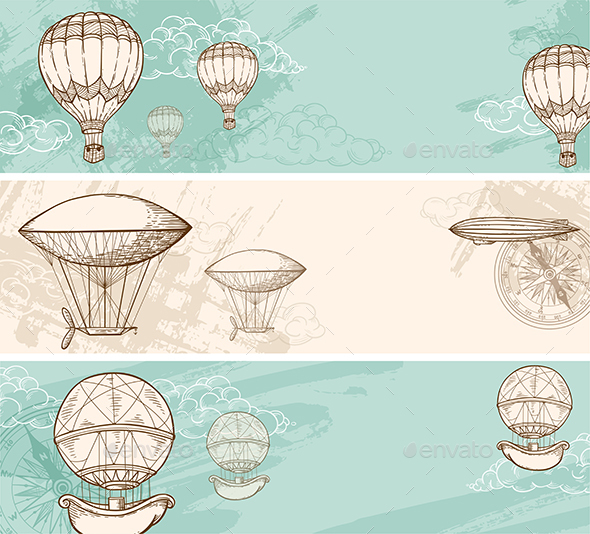 Vintage Banners with Air Balloons - Retro Technology
