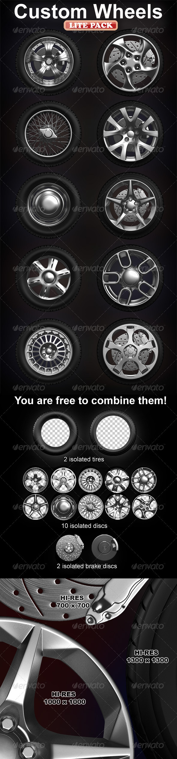 Isolated custom wheels pack (2 tires, 10 discs) - Objects 3D Renders