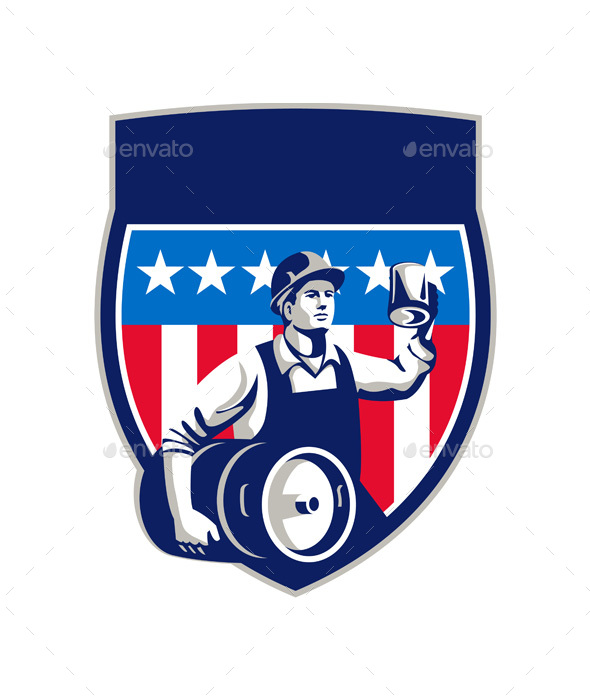 American Construction Worker Beer Keg Crest Retro - People Characters