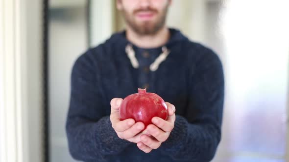 View Of Man Hands Holding Pomegranate alt