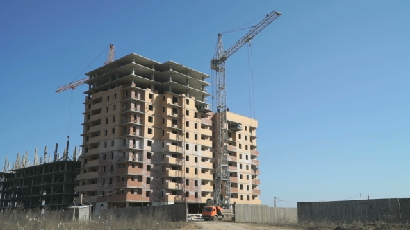 Construction Of Apartment Buildings. Cranes Work