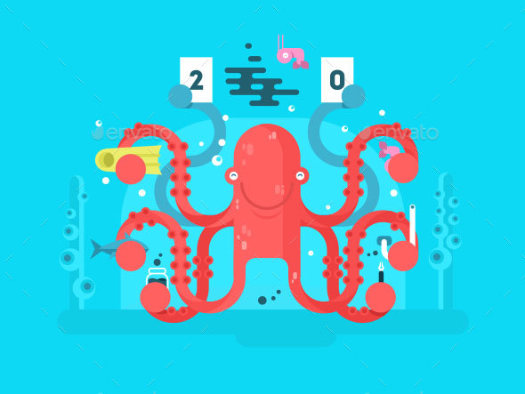 Octopus Character Design Flat - Animals Characters