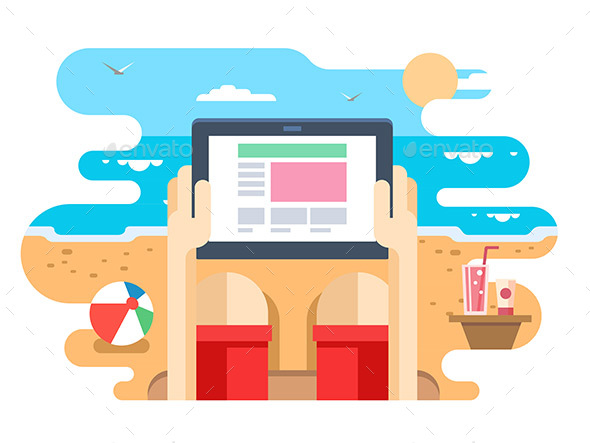 Tablet in Hand on Beach Sea - Miscellaneous Vectors